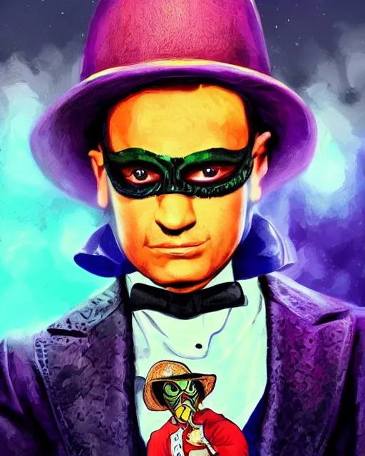 Image similar to Rey Mysterio as Willy Wonka, digital illustration portrait design, detailed, cinematic lighting, dynamic portrait