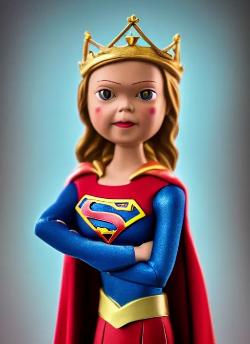 Image similar to closeup face profile portrait of a tin toy greta thunberg as supergirl as a fairytale princess wearing a crown, bikini, depth of field, zeiss lens, detailed, fashion photoshoot, by nicoletta ceccoli, mark ryden, lostfish, breathtaking, 8 k resolution, extremely detailed, beautiful, establishing shot, artistic, hyperrealistic, octane render