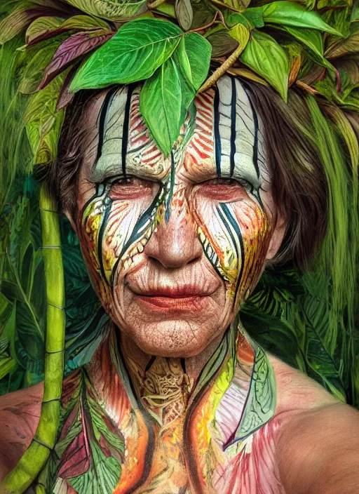 Image similar to a beautiful painted portrait of an old woman in the jungle surrounded by leaves and plants, tribal face paintings, shamanism, matte painting, fantasy art