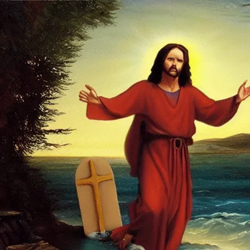 Prompt: tommy wiseau walking on water with jesus, biblical, oil painting, sunny, beautiful