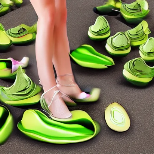 Prompt: Futuristic shoes in the shape of an avocado advertisement photo