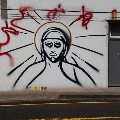 Prompt: graffiti mural of Jesus wearing a blindfold, arms outstretched, painted on a concrete wall,