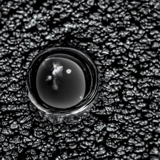 Prompt: a water droplet on top of black charcoal in grass, macro 35mm f1.8
