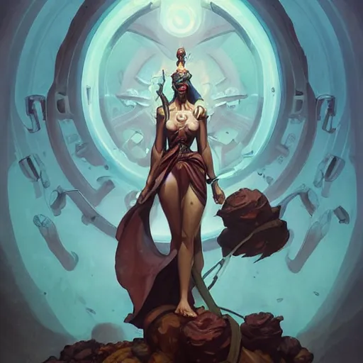 Image similar to a statue of a dynamic character design by peter mohrbacher