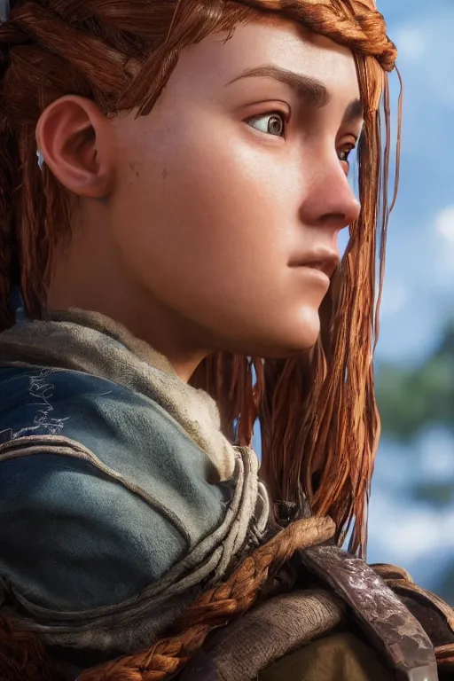 Prompt: aloy from horizon : forbidden west. photoreal, closeup portrait. most of her face is in shadow. shallow depth of field field.