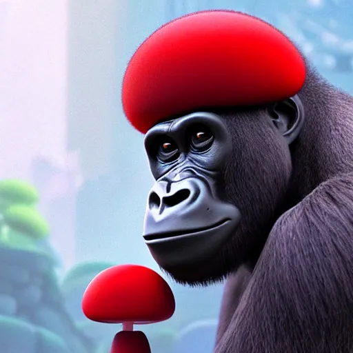 Image similar to a wholesome animation key shot of a gorilla holding a very small red mushroom, chilled out smirk on face, red headphones on head, studio ghibli, pixar and disney animation, sharp, rendered in unreal engine 5, anime key art by greg rutkowski, bloom, dramatic lighting