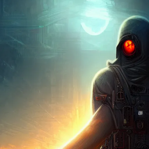 Image similar to hooded figure standing at the edge of reality gazing into the unknown, sunset on distant machine planet, steampunk, cyberpunk, detailed digital painting, smooth, sharp focus, artstation, artgerm, 4 k ultra hd, fantasy dark art