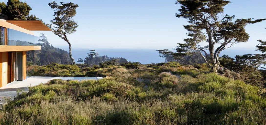 Prompt: house designed by renzo piano overlooking big sur. landscape design by louis benech.