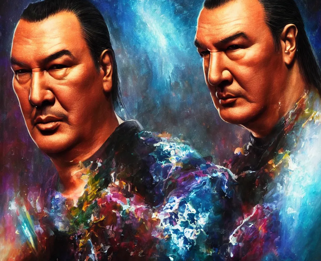 Image similar to dramatic portrait of Steven Seagal from above the law, bloomed lighting, angelic, futuristic, beautiful colors, slightly golden, very sharp likeness, very detailed, chopping hands, electrical details, cinematic lighting high details, 4k, 8k, trending on artstation, ultra-realism