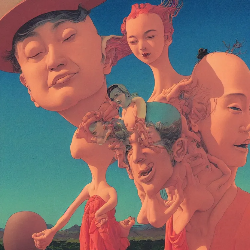 Image similar to close up portrait of a man and woman having fun with lsd and magic mushrooms by kawase hasui, moebius, Edward Hopper and James Gilleard, Zdzislaw Beksinski, Steven Outram, 8k, volumetric lighting, artstation