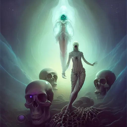 Image similar to shackled in the void, by hr beeple and cgsociety. stunning goddess of speed charlie bowater and tom bagshaw, insanely detailed, artstation, space art. atoms surrounded by skulls and spirits deep under the sea, horror, sci - fi, surrealist painting, by peter mohrbacher