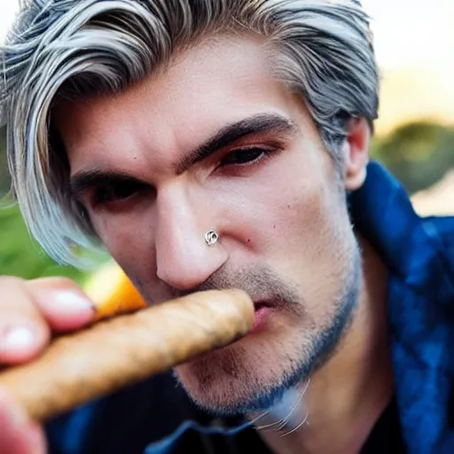 Image similar to a closeup photo of handsome gigachad xqc smoking a cigar