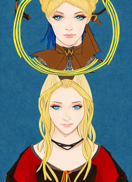 Prompt: young woman in medieval clothing, blue eyes and blond hair, a ribbon in her hair, art by ex machina,