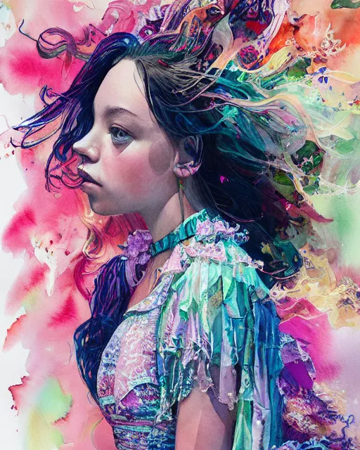 Prompt: watercolor portrait of sydney sweeney wearing a frilly dress, romanticism, outrun, pastel painting, dramatic, detailed, by android jones