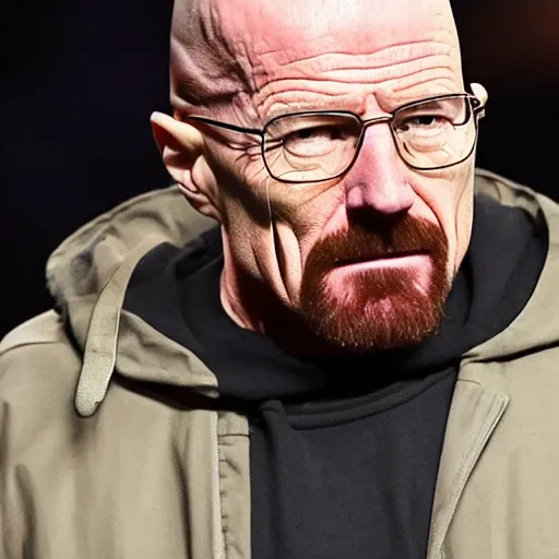 Prompt: Walter White's surprise appearance at Kanye West's St Pablo Tour