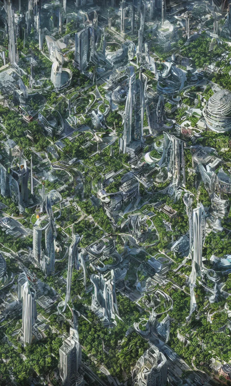 Image similar to retro exotic city, magnificent multi - level building complex, huge tv tower in the center of the city, surrounded by lush gardens, luxurious, gorgeous, zaha hadid architecture, epic big scene, epic composition, wide angle movie, miyazaki jun, nausicaa ghibli, marc simonetti 8 k rendering, post processing