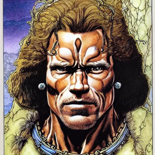 Image similar to a realistic and atmospheric portrait of arnold schwarzenegger as a druidic warrior wizard looking at the camera with an intelligent gaze by rebecca guay, michael kaluta, charles vess and jean moebius giraud