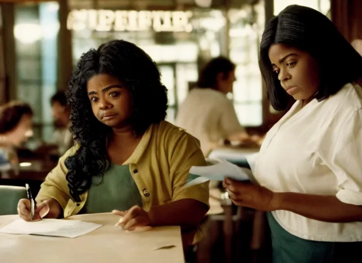 Prompt: cinematic screenshot of octavia spencer writing a note on a napkin sitting with middle aged woman olivia coleman, at a classic diner booth, dramatic backlit window, volumetric hazy lighting, screenshot from being john malkovich ( 2 0 0 1 ) directed by spike jonze, moody cinematography, 3 5 mm kodak color stock, 2 4 mm lens, ecktochrome