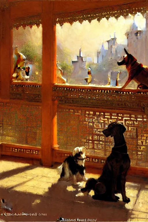 Prompt: A dog sitting in an asian palace, painting by Gaston Bussiere, Craig Mullins