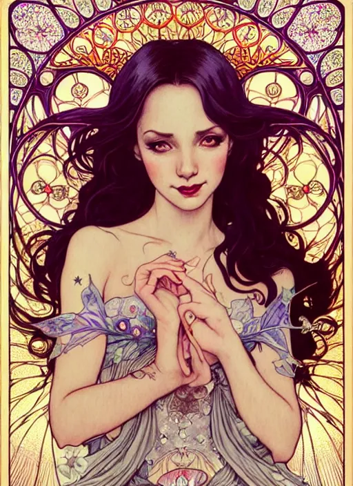 Image similar to fantastic portrait of a beautiftul witch with some shinny star, crown, royally decorated crystal gemstones, symmetrical face, art nouveau, portrait, cute, fairy, by artgerm, kelly mckernan, charlie bowater, alphonse mucha, detailed background, artstation, intricate, elegant, highly detailed, colorful, maximalist