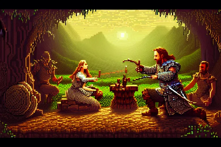 Image similar to the bard's tale, beautiful detailed pixelart by albertov, intricate details, beautiful, dithered gradients, volumetric lighting, cgsociety, artstation, smooth, sharp focus, 2 d illustration, amazing art by dan mumford, old school computer game graphics, pixel art