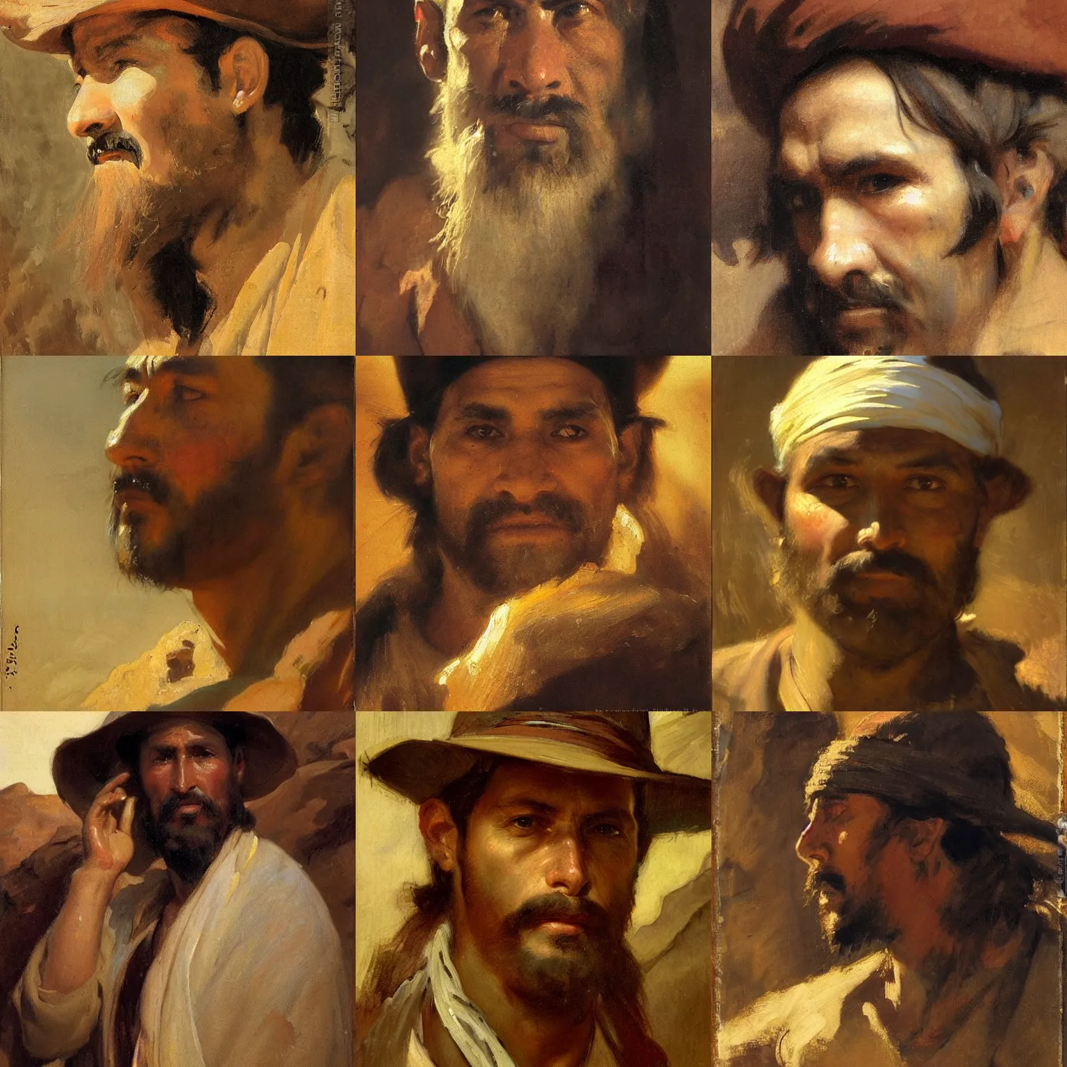 Prompt: orientalism face detail of an outlaw standing in front of a cave by theodore ralli and nasreddine dinet and anders zorn and nikolay makovsky and edwin longsden long, oil on canvas, masterful intricate artwork, excellent lighting, high detail 8 k