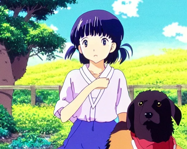 Prompt: anime fine details portrait of joyful girl with her dog in school class, bokeh. anime masterpiece by Studio Ghibli. 8k, sharp high quality anime from 1990 in style of Hayao Miyazaki