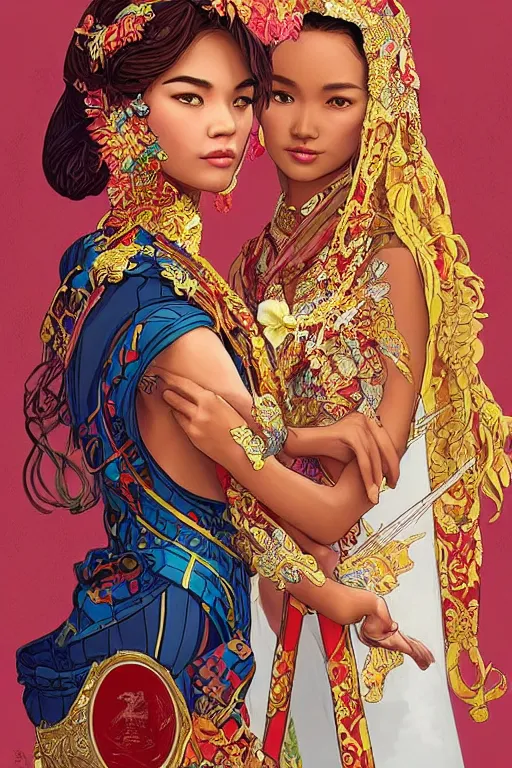 Image similar to hand holding a lego, portrait of a beautiful indonesian supermodels wearing traditional costume, highly detailed, digital painting, artstation, concept art, sharp focus, illustration, art by kittichai rueangchaichan and james gurney and alphonse mucha