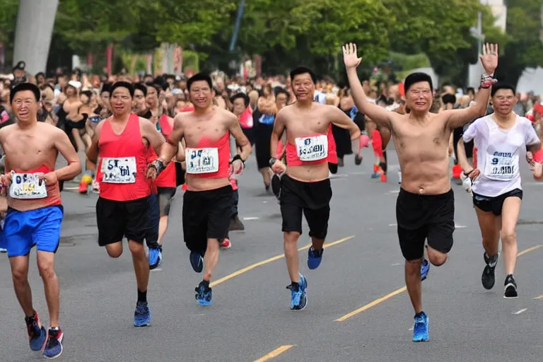 Prompt: shirtless xi jinping hands up running marathon