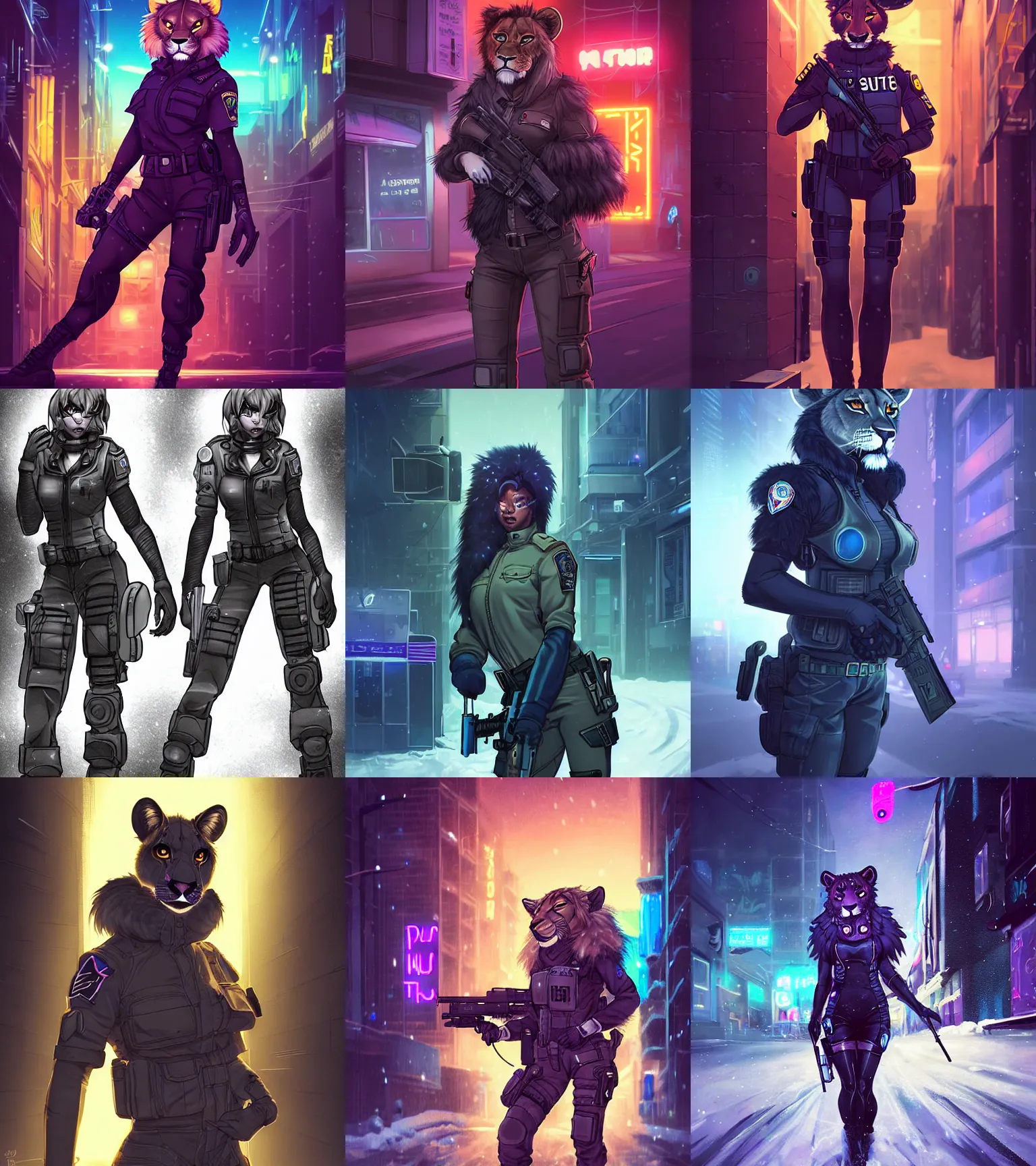 Image similar to beautiful furry art portrait commission of a female furry anthro lioness fursona wearing a tactical swat uniform in the streets of a cyberpunk city at night in the snow. neon light. character design by charlie bowater, ross tran, artgerm, and makoto shinkai, detailed, inked, western comic book art