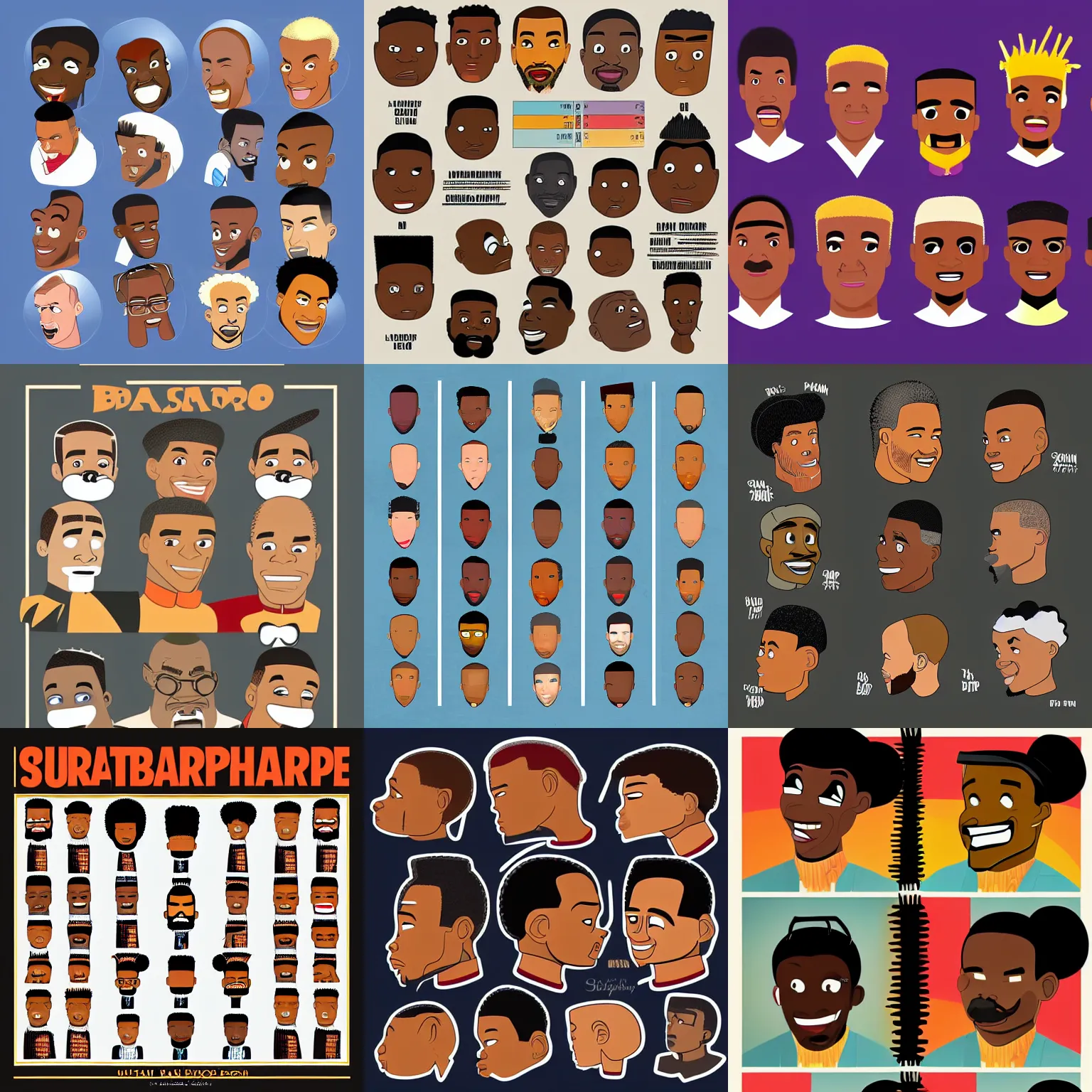 Prompt: a cartoon illustration of a classic urban 👨🏿‍🦱👨🏿 barbershop haircut chart, fade chart, fade types, in the style of Disney’s the Proud Family and Basquiat