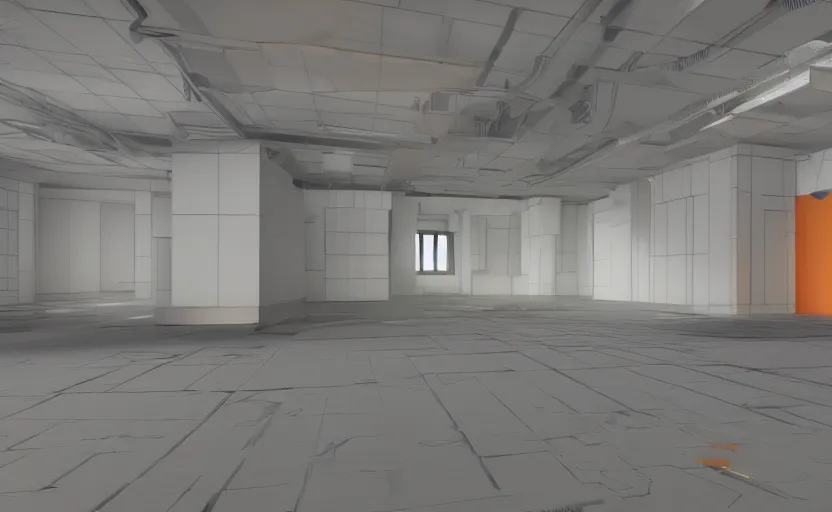 Image similar to empty room, open floor, large random with colourful 3 d objects, unreal engine and v - ray render.