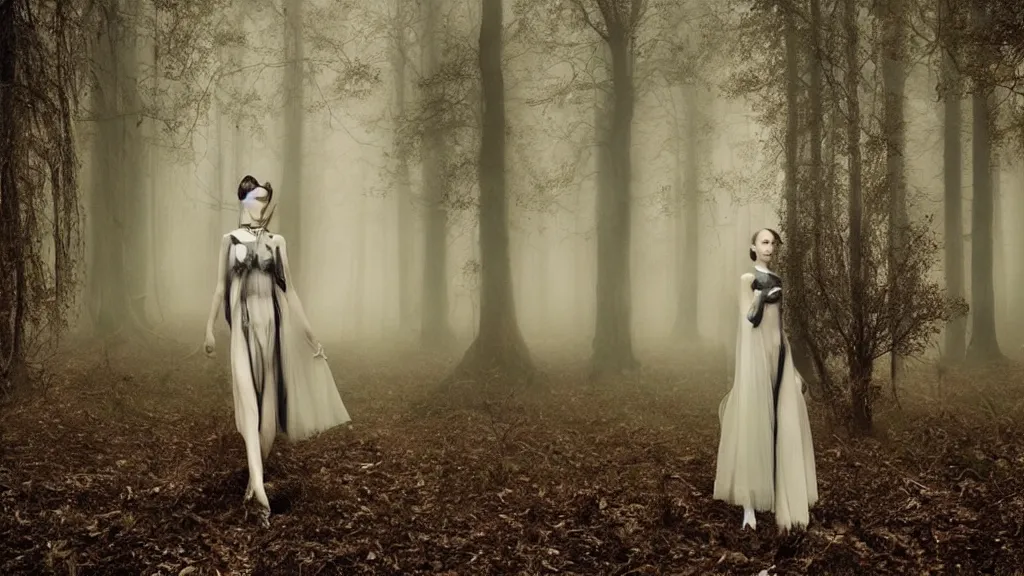 Image similar to eerie atmospheric symmetrical vogue fashion photography in a forest by paolo roversi