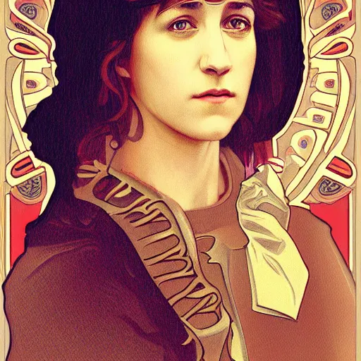 Image similar to portrait of charlotte gainsbourg as joan of arc, hyperreal digital painting, iconography influenced by alphonse mucha and eugene delacroix, arstation and deviantart trends, high resolution 8 k