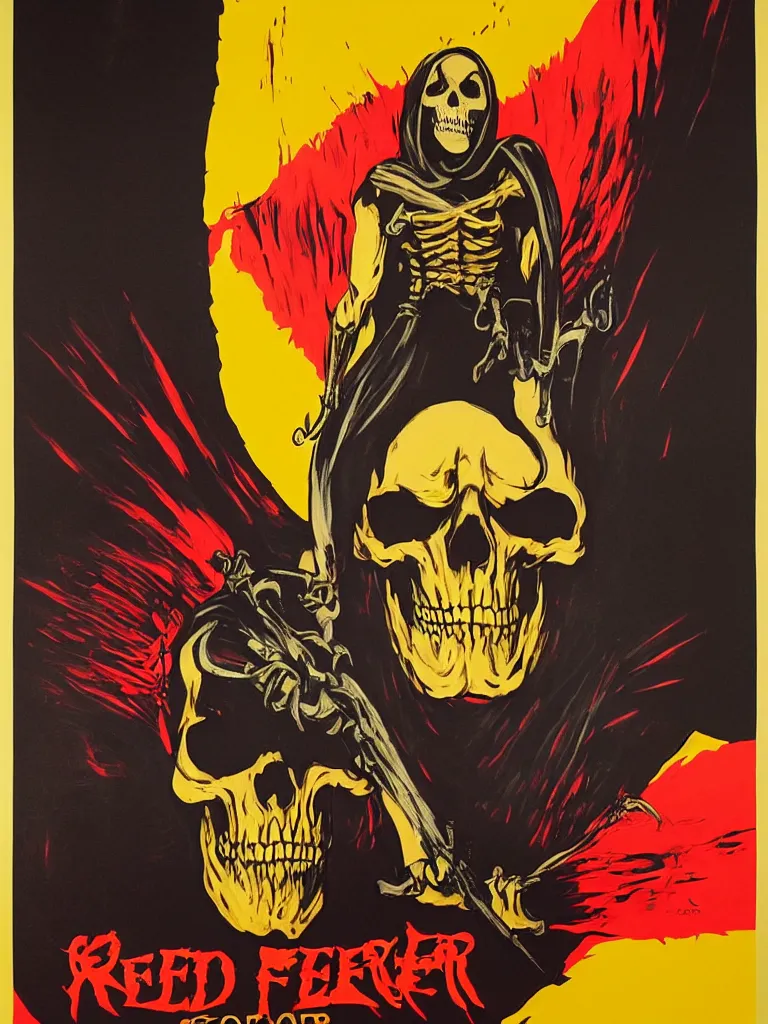 Image similar to poster of skeletor with the word fear, red yellow orange black and cream colors, poster by shepard fairey