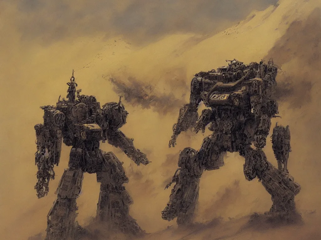 Prompt: mecha in a sandstorm by Frank Frazetta