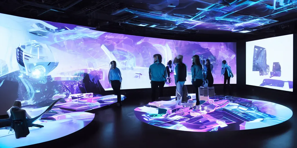 Image similar to stunning futuristic AI lab, projection screens, immersive graphics, holograms, dark room, people using HoloLens