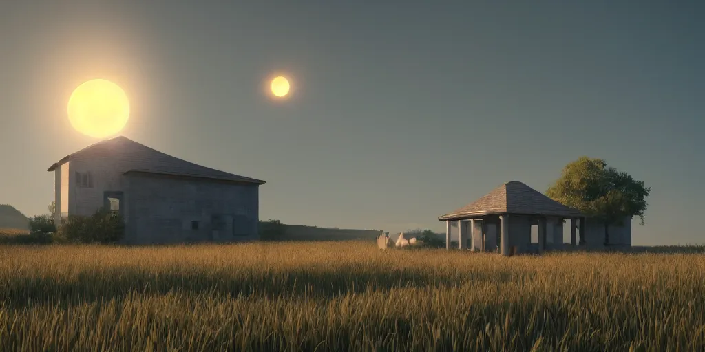 Image similar to a serene landscape with a singular building at sunrise with a big jupiter appearing in the sky, digital art, concept art, octane render, unreal engine 5, hyperrealistic, highly detailed, high quality, 4K, low contrast, soft lighting, path tracing, complementary colors, natural lighting, geometric