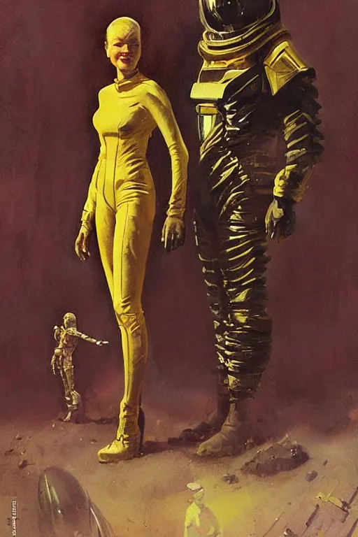 Image similar to pulp scifi fantasy illustration full body portrait of elegant woman wearing latex spacesuit standing beside martian warrior, by norman rockwell, jack kirby, bergey, craig mullins, ruan jia, jeremy mann, tom lovell, 5 0 s, astounding stories, fantasy