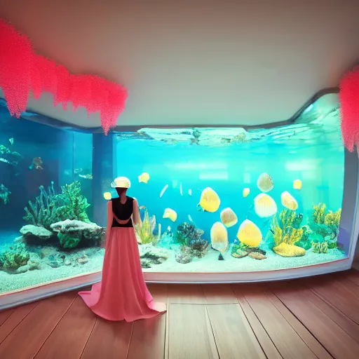 Prompt: photo of the modern fashionable room as aquarium with a chandelier as a big jellyfish, beautiful corals on the walls and dangerous sharks on the big panoramic window, realism, sharp details, cinematic, a lot of gleans, under the ocean, realistic colors, realistic shadows, daylight made in blender and cinema 4 d, hd, 3 d by beeple and by greg rutkowski