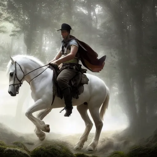 Prompt: a man riding on the back of a white horse through a forest, a detailed matte painting by frieke janssens, featured on cgsociety, fantasy art, matte painting, reimagined by industrial light and magic, matte drawing