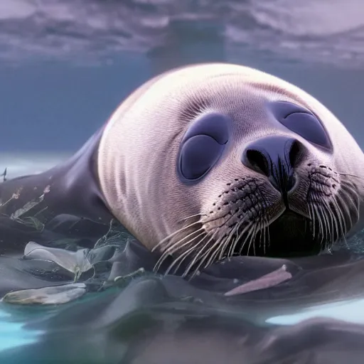 Image similar to A seal sleeping peacefully in a kelp forest, Prince in pastel!, cinematic, hyper realistic, detailed, 8k, octane render.