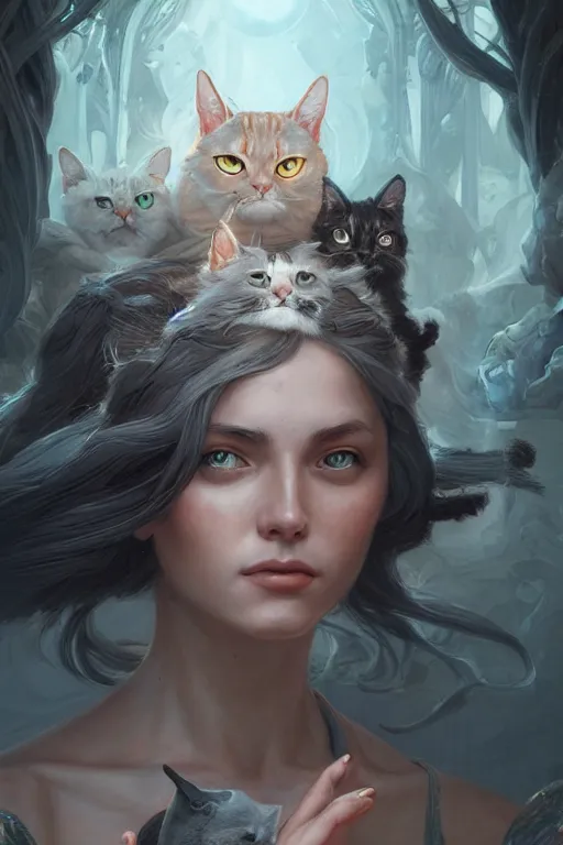 Prompt: goddess of the cats, highly detailed, digital painting, artstation, concept art, smooth, sharp focus, illustration, unreal engine 5, 8 k, art by artgerm and greg rutkowski and edgar maxence