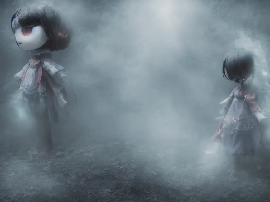 Image similar to cute fumo plush girl ghost in the haze of the murky river, smoke and volumetric fog, tattered gothic horror maiden, fallen angel, blue lens flare, light shafts, light and shadow, vray