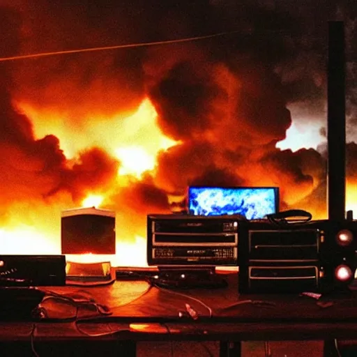 Image similar to “A lot of electronic equipment, wires, tv screens and audio meters. Big explosion and fire coming out from the computer screen. in style of Geiger”