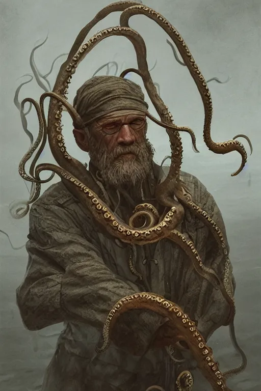 Image similar to portrait of an old fisherman with tentacles growing on him, eldritch, d & d, face, fantasy, intricate, elegant, highly detailed, digital painting, artstation, concept art, smooth, sharp focus, illustration, art by greg rutkowski