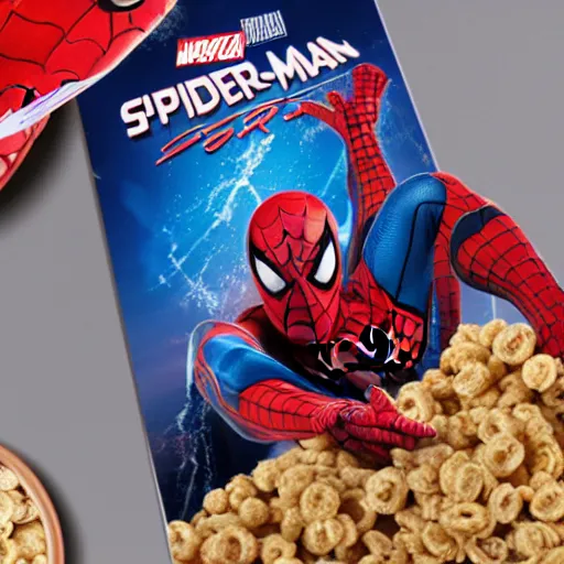 Image similar to spider-man on a cereal box, 8k realistic photo