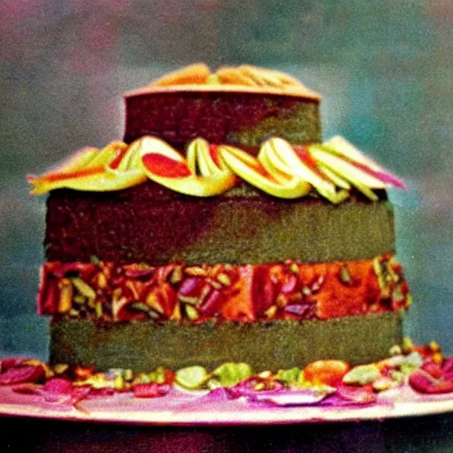 Image similar to 1970's cookbook color photograph of fancy cake sharp detail high detail