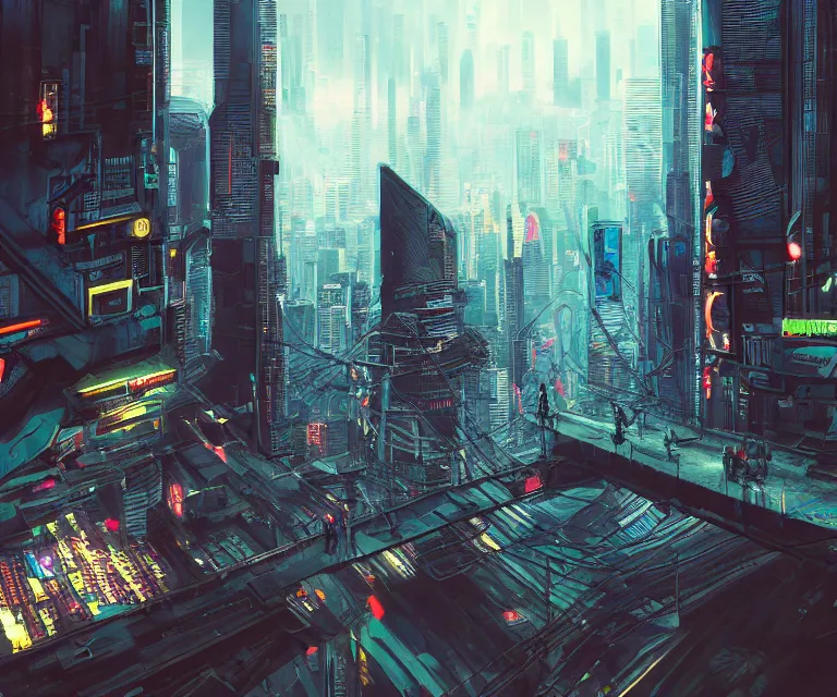 Image similar to a man standing on top of a bridge over a city, cyberpunk art by Vincent Lefevre, behance contest winner, altermodern, cityscape, synthwave, matte painting