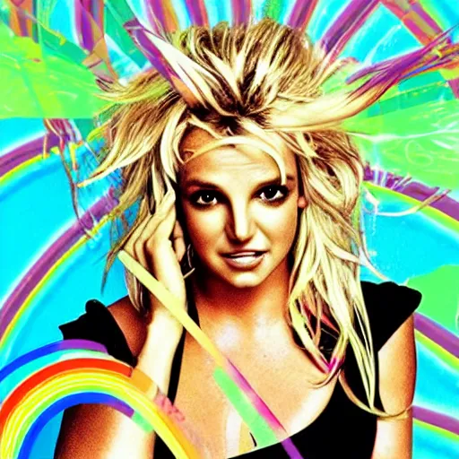 Image similar to a. Britney Spears album cover for a rainbow pop album